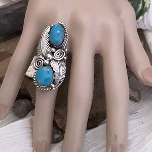 Navajo Sterling Silver Native American Turquoise Feather Ring Size 7